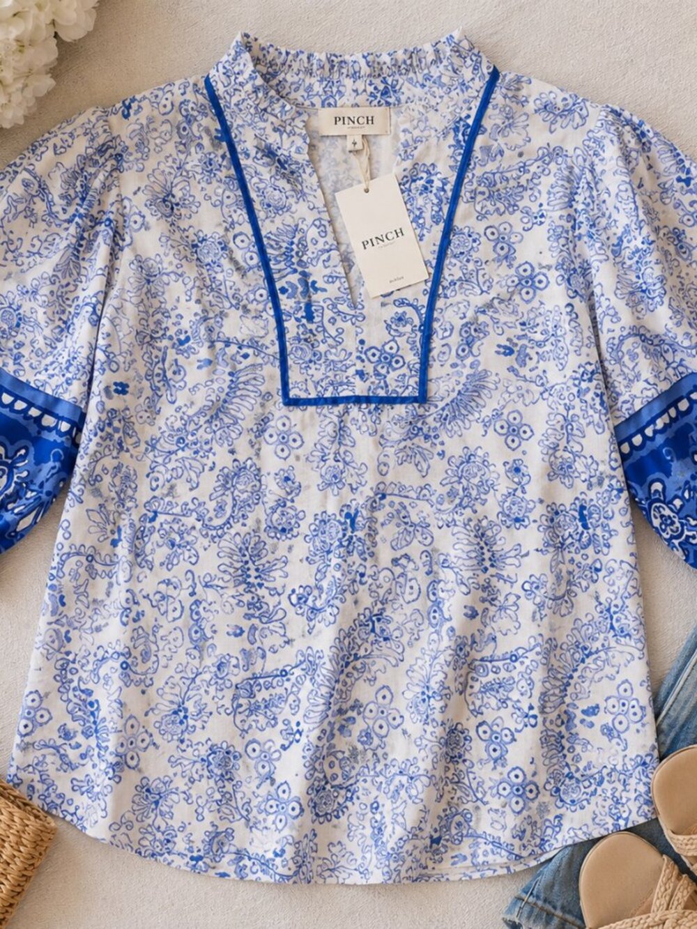 PINCH Blue White Mediterranean Print Boho Blouse Top Puff Sleeve NWT Large